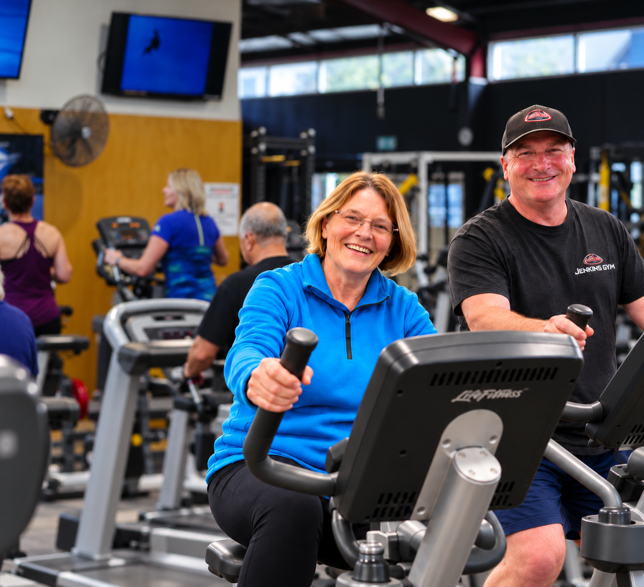 Two smiling Jenkins Gym members exercising together