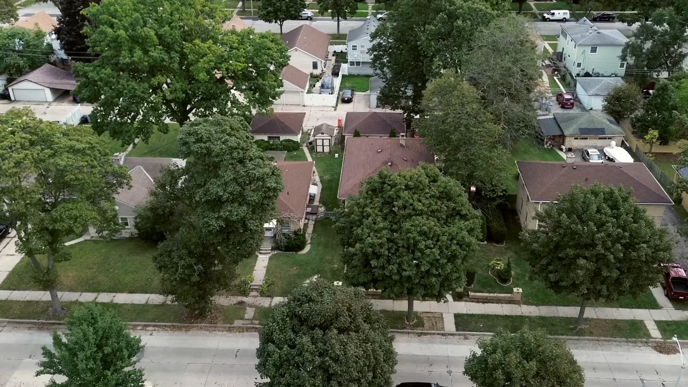 Aerial view of a neighborhood street