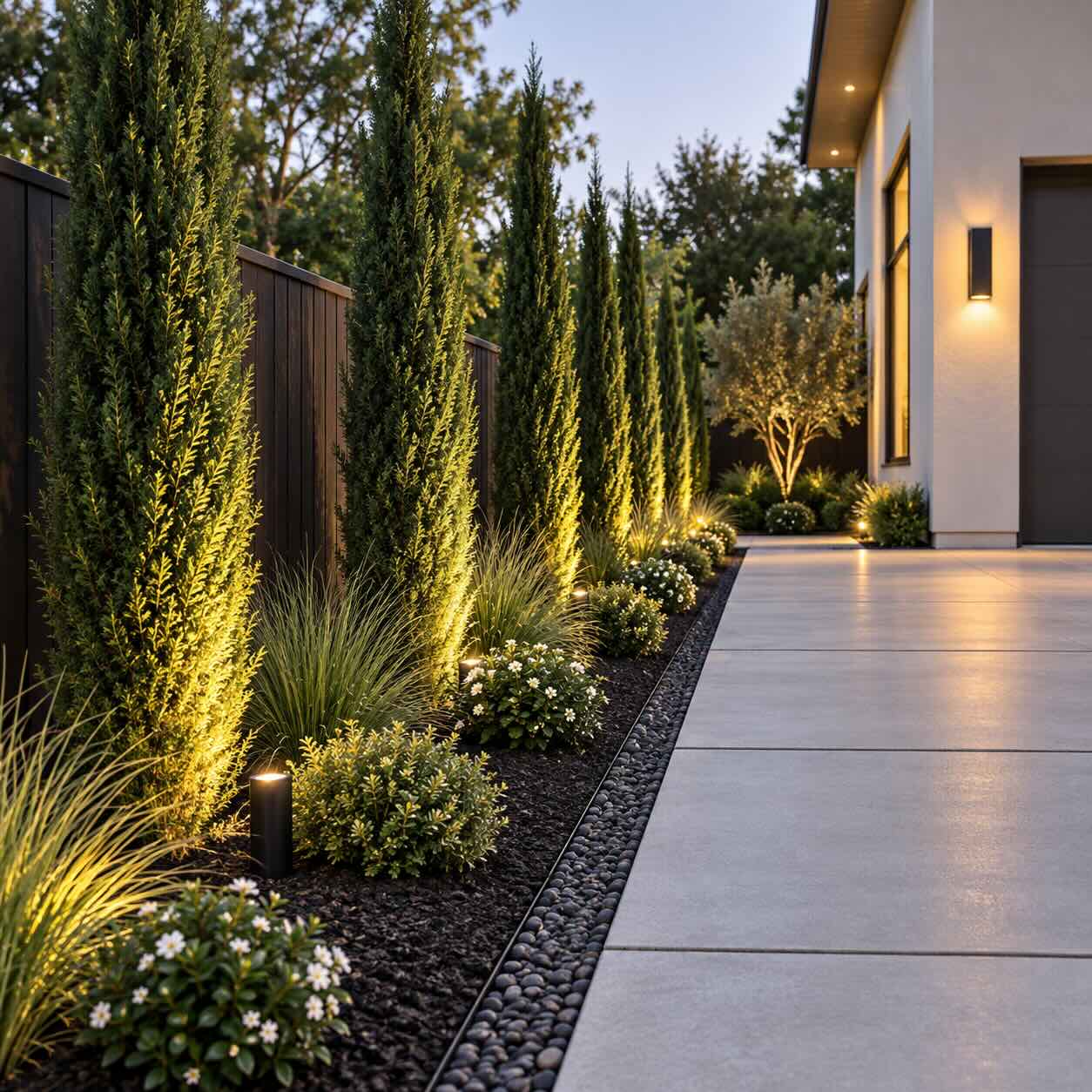 Cypress screening and lighting design project in Sebastopol