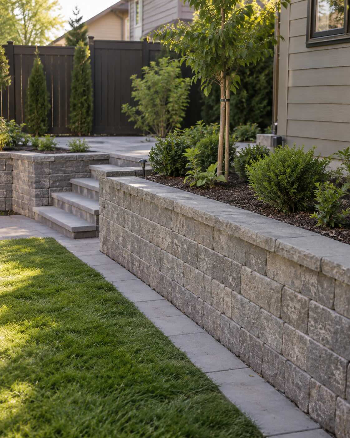 Stone block retaining wall, Sonoma County