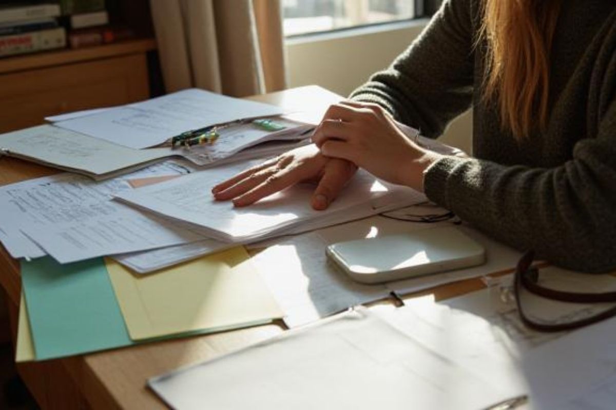 A person sitting still at a desk, hand resting on papers, looking away.