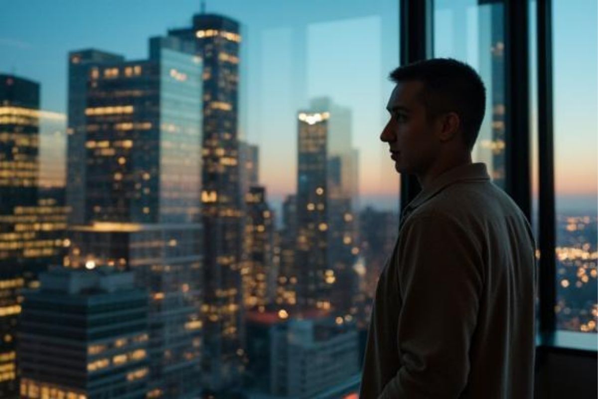 A person looking at their reflection in a window with an office visible behind them.
