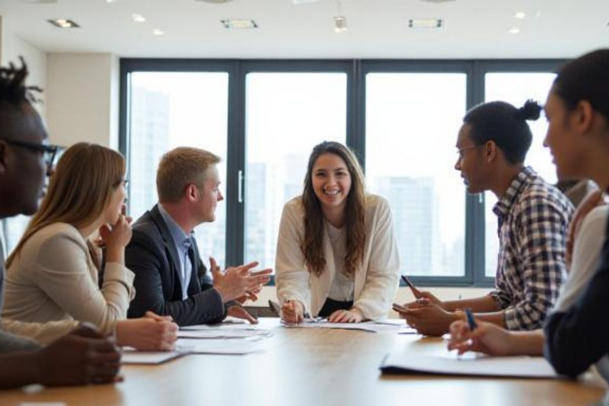 A meeting room with engaged, forward-leaning participants and a visibly present leader.