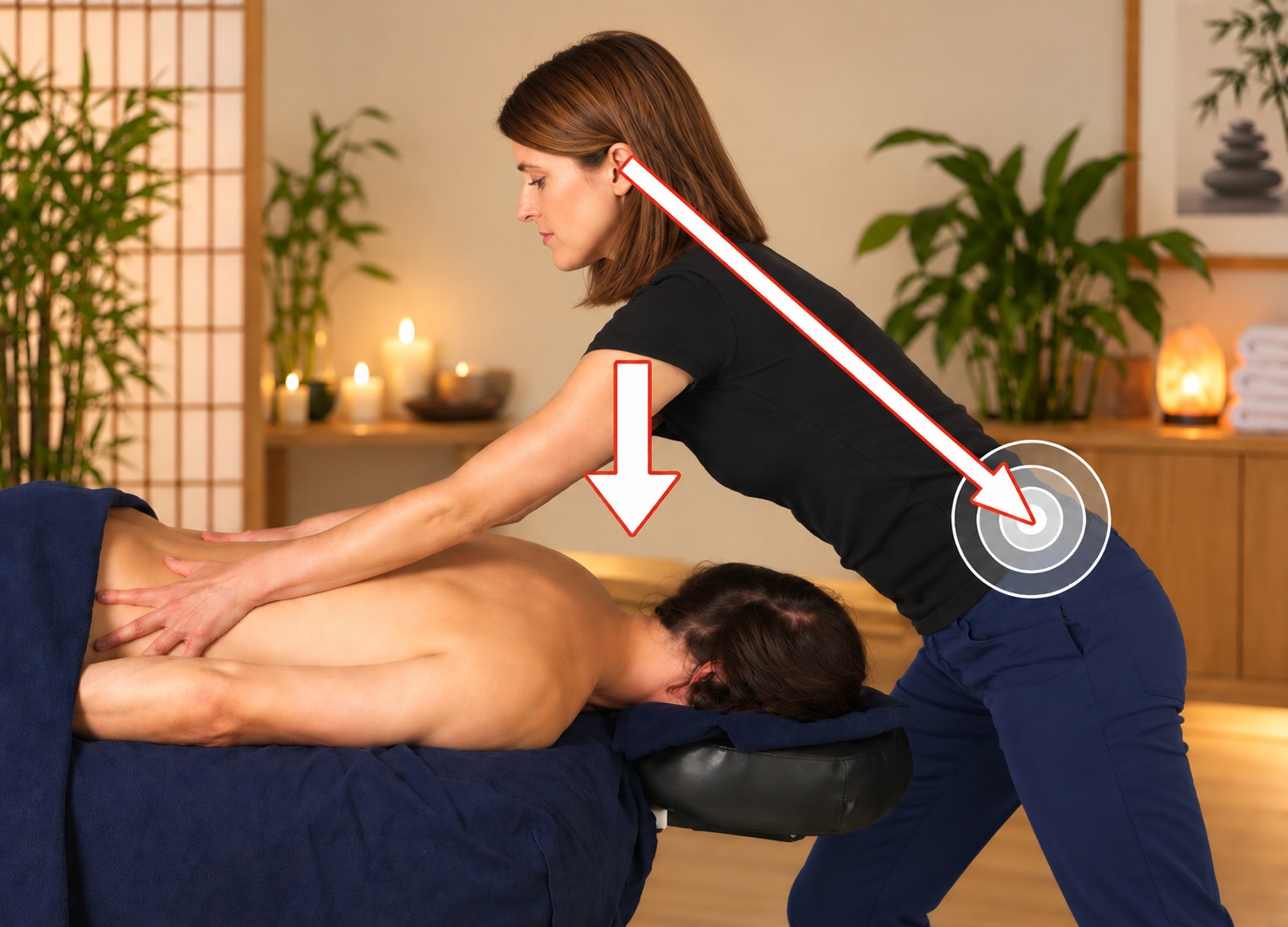 A woman massage therapist in an orange top leans over a man on a massage table performing a massage