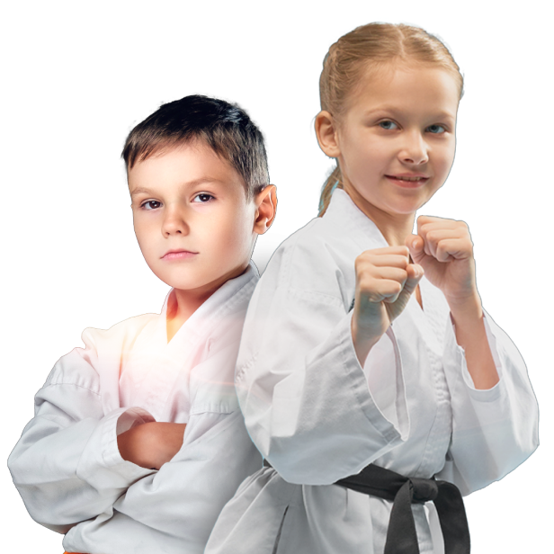 A boy and a girl in martial arts uniforms, with the boy crossing his arms and the girl in a fighting stance