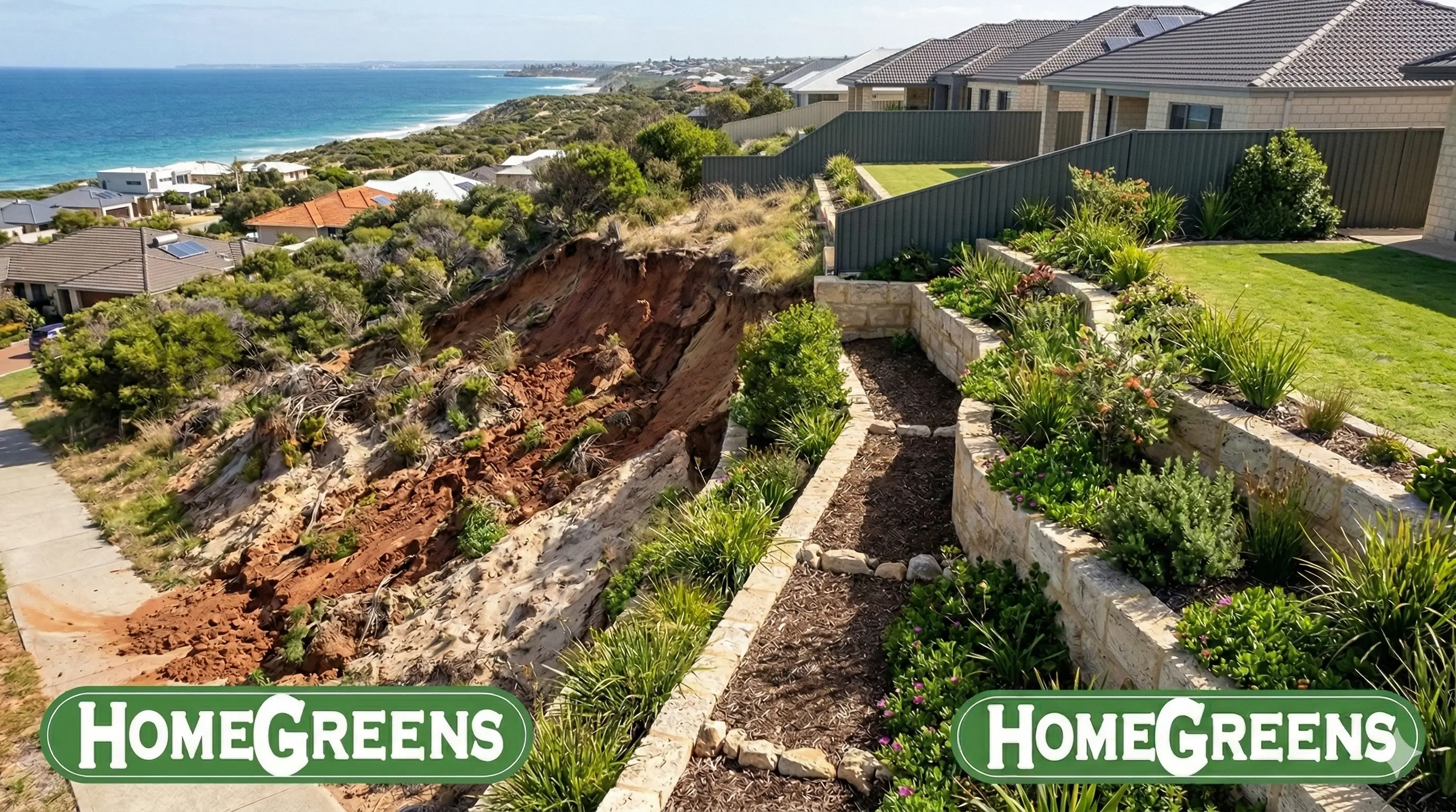 Retaining walls and native plantings preventing soil erosion on a Perth coastal slope.