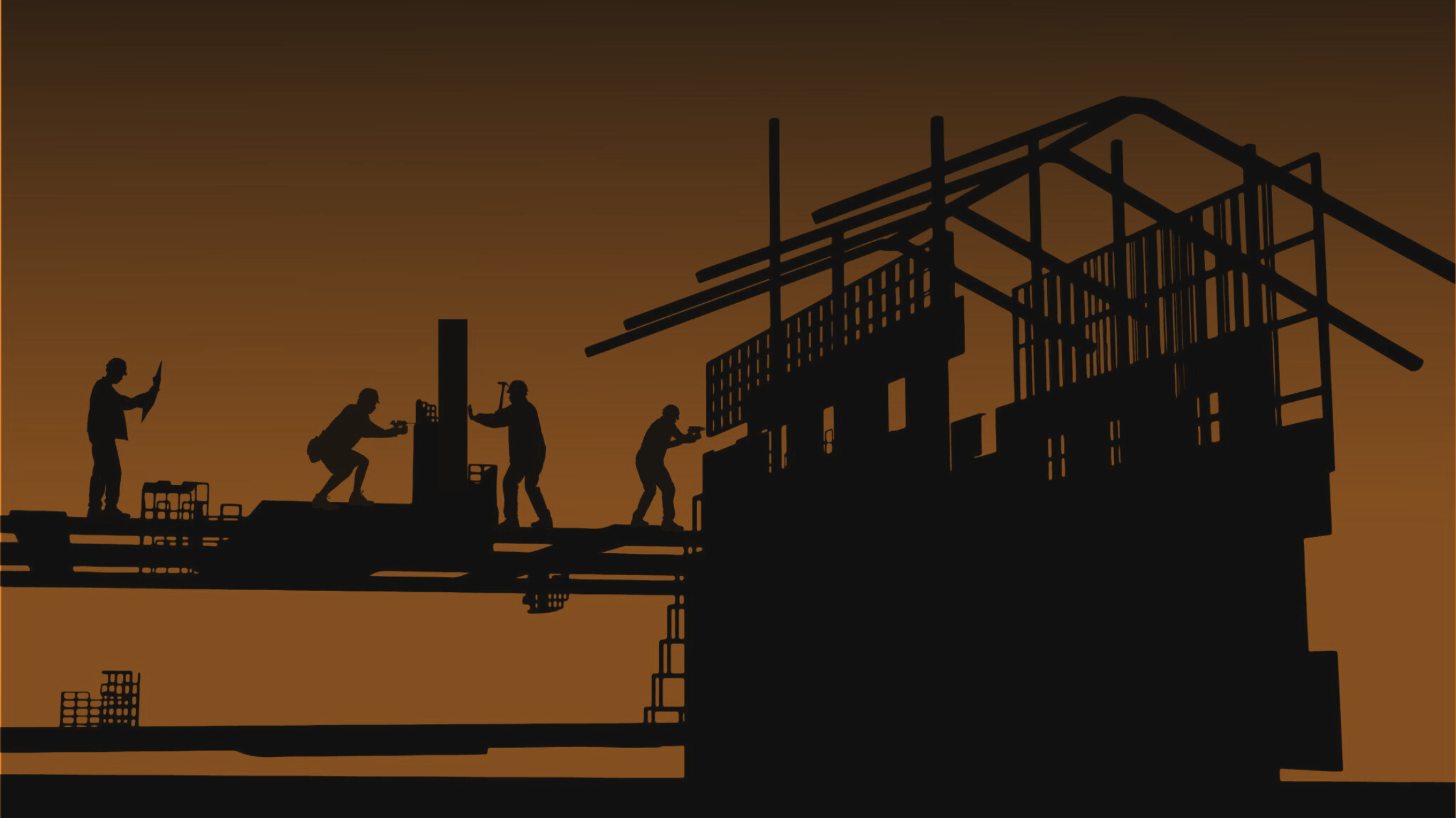Silhouetted construction workers building a structure at sunset, representing coordinated work systems and site activity.