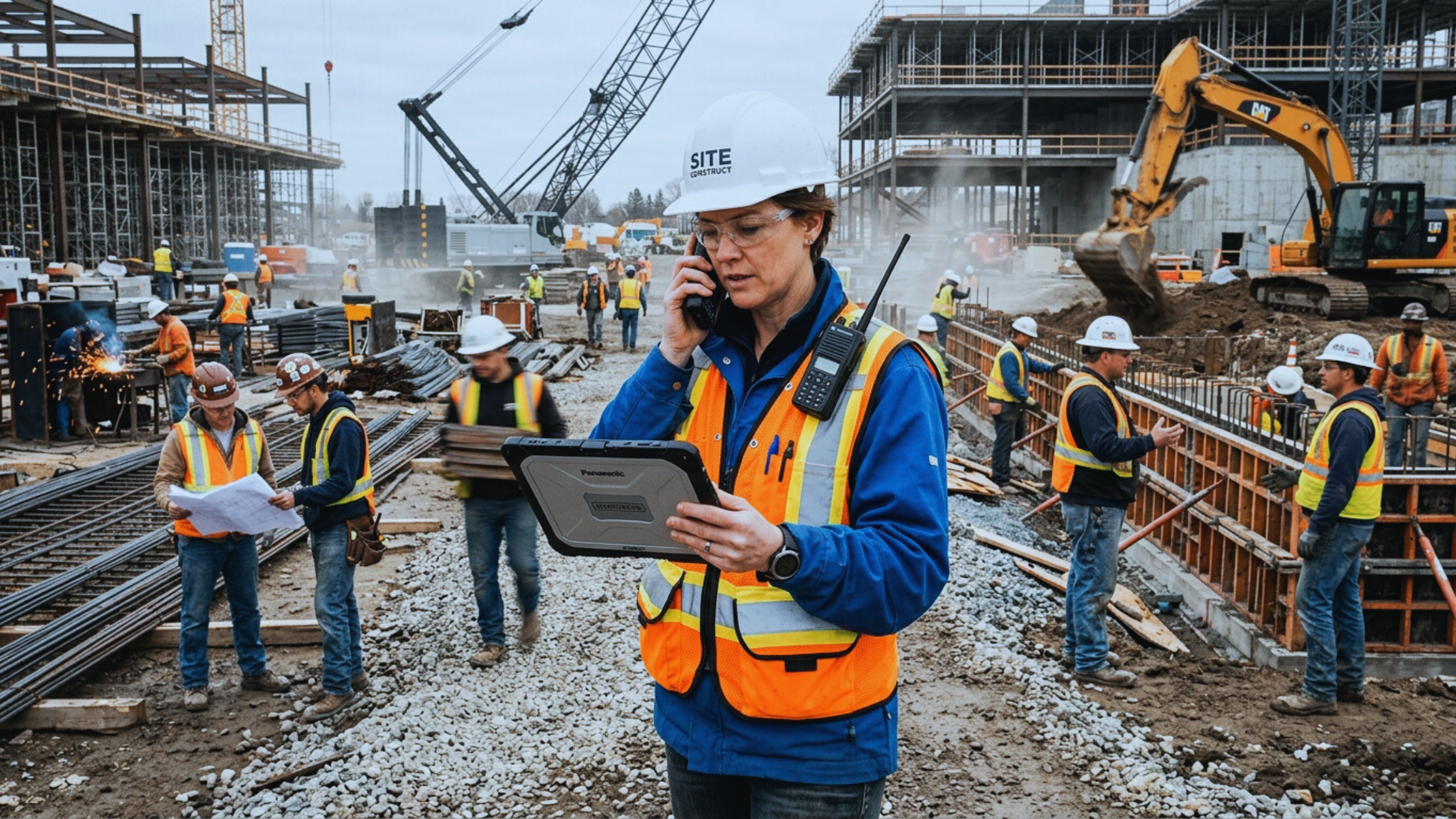 Construction supervisor managing multiple tasks on a busy site with workers, machinery, and active operations in the background.