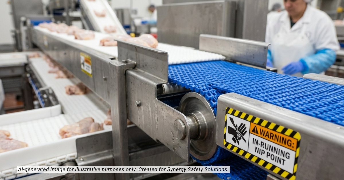 Conveyor belt with exposed roller and in-running nip point hazard, showing entanglement risk in industrial work environment