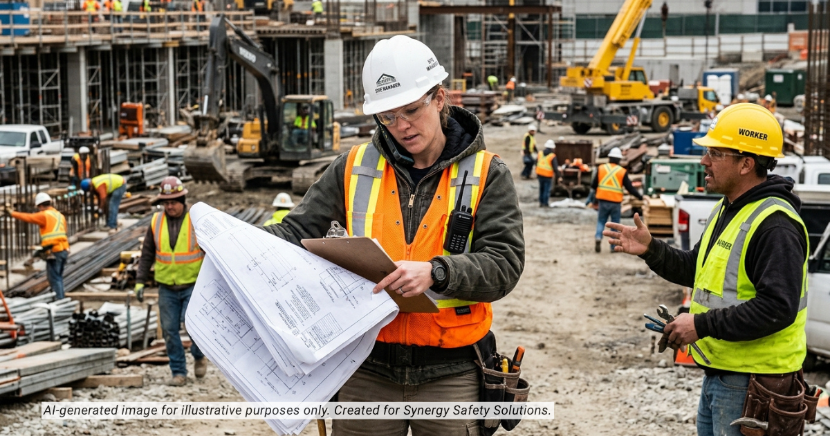Construction supervisor managing multiple tasks on site, illustrating workload pressure and psychosocial risk factors