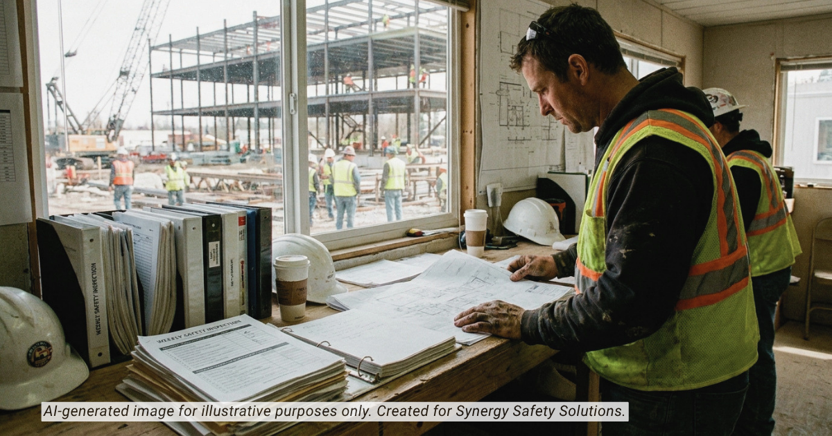 Construction safety paperwork being reviewed while work continues on site, illustrating the gap between documentation and operational reality