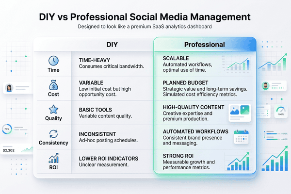 Side-by-side comparison of DIY and professional social media management across time, cost, quality, consistency, and ROI