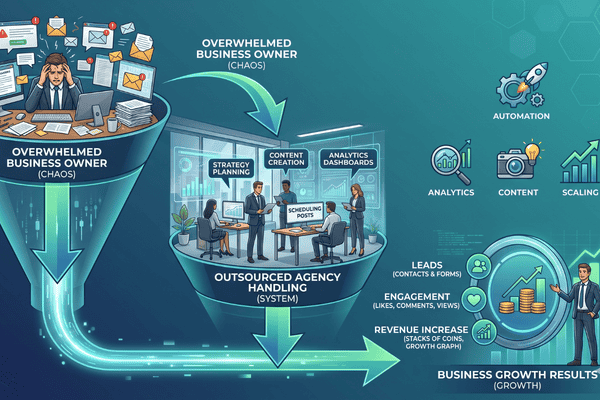 Outsourcing social media management workflow showing improved efficiency, automation, and business growth