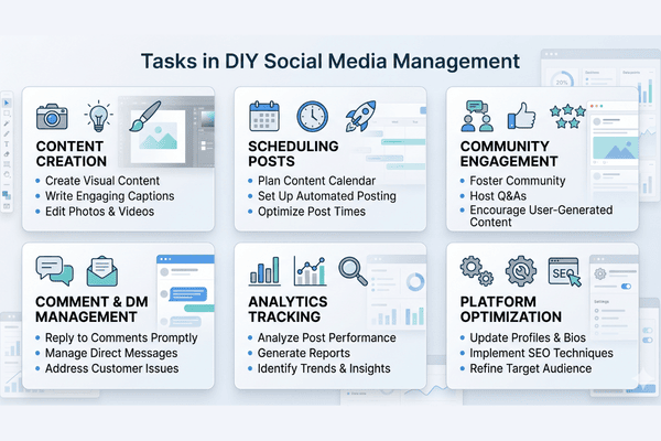 Key tasks involved in DIY social media management including content creation, scheduling, engagement, and analytics
