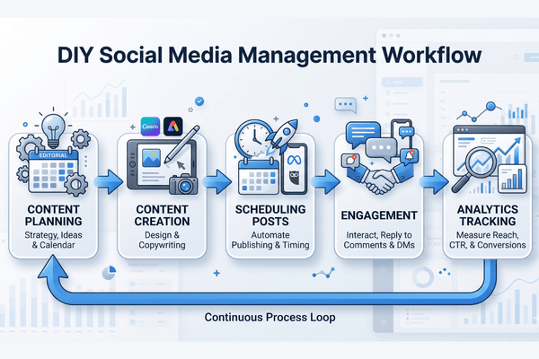 Step-by-step workflow of DIY social media management including content creation, posting, engagement, and analytics