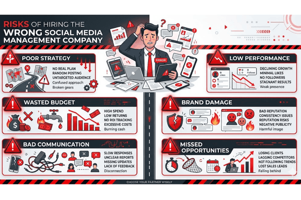 Risks of hiring the wrong social media management company including wasted budget and poor performance