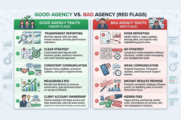 Signs of bad social media management companies including lack of strategy and transparency issues