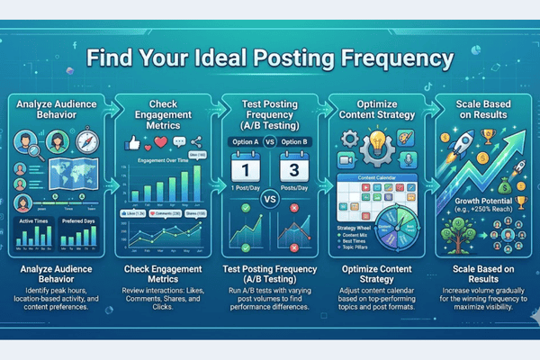 Step-by-step process to determine ideal social media posting frequency using analytics and testing
