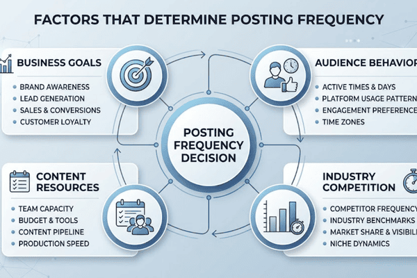 Factors affecting social media posting frequency including goals, audience, resources, and competition