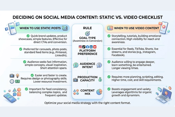 checklist for choosing between video and static posts social media content strategy rules