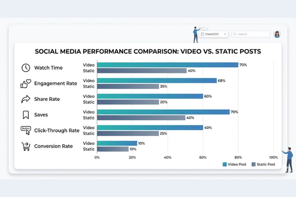 social media engagement metrics comparison chart video vs static posts watch time shares saves conversions