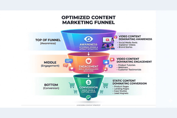 marketing funnel infographic showing video for awareness and static posts for conversions social media strategy