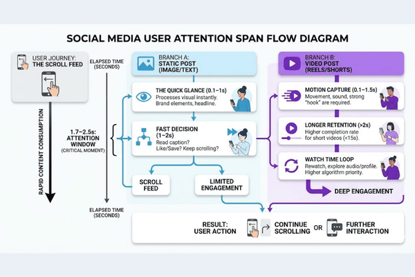 social media attention span flow diagram showing scroll behavior video retention and static content engagement