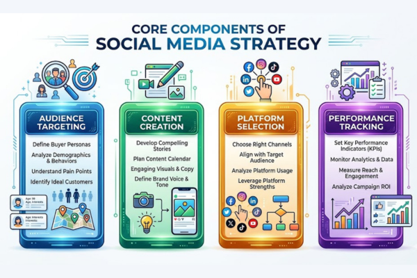 core components of social media strategy audience content platform tracking diagram