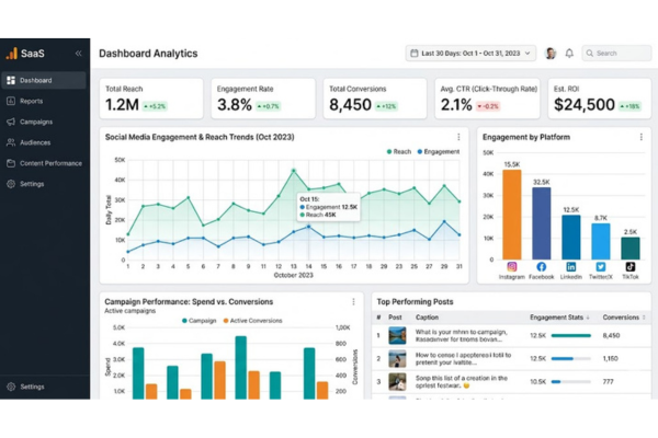 social media analytics dashboard KPIs engagement reach conversions ROI tracking