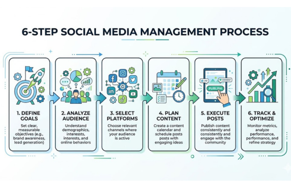social media strategy step by step process goals audience content execution analytics workflow