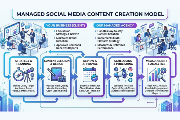 social media content creation managed service model workflow outsourcing strategy production publishing analytics