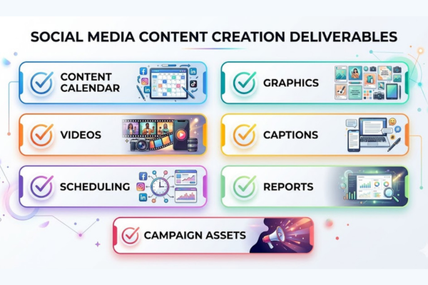 social media content creation deliverables calendar posts graphics captions reports checklist