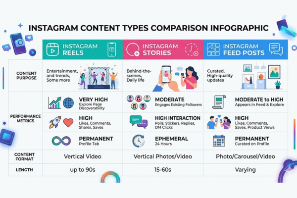 Comparison of Instagram content types including reels, stories, and feed posts with their marketing benefits