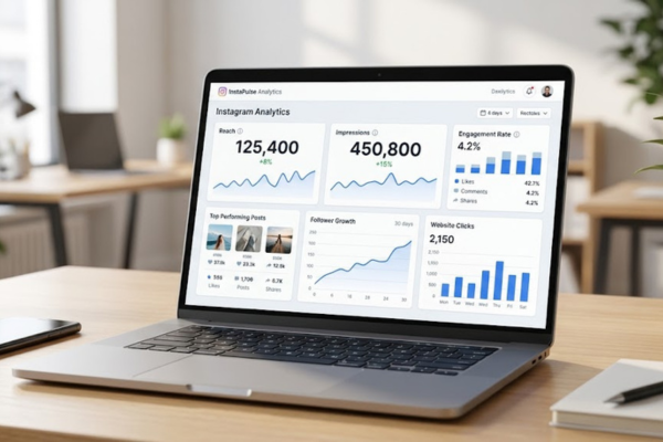 Instagram analytics dashboard showing engagement rate, reach, impressions, follower growth, and performance metrics