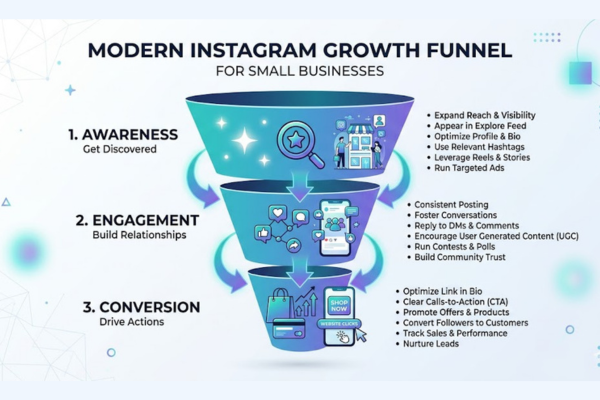 Instagram marketing funnel showing awareness, engagement, and conversion stages for business growth