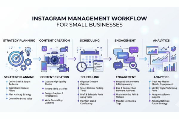 Instagram management process steps including planning, content creation, publishing, optimization, and analytics