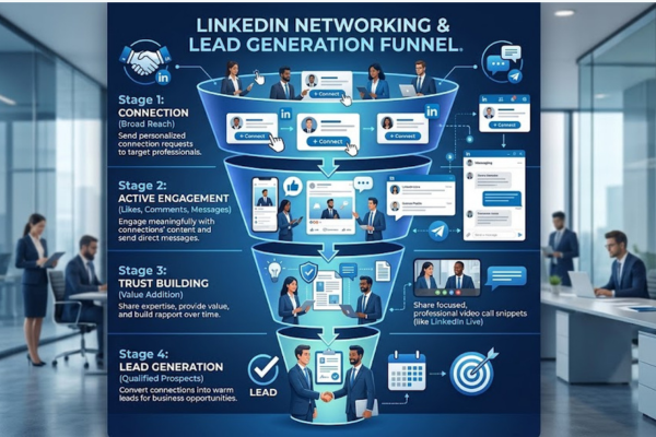 LinkedIn engagement funnel showing connection building, content interaction, trust building, and lead generation process