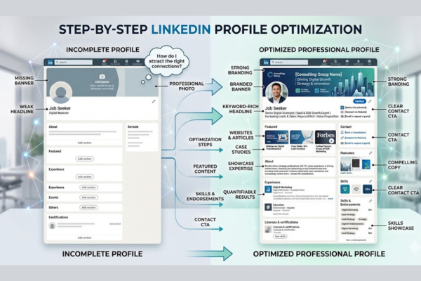 LinkedIn profile optimization steps including headline, banner, summary, and featured section improvements