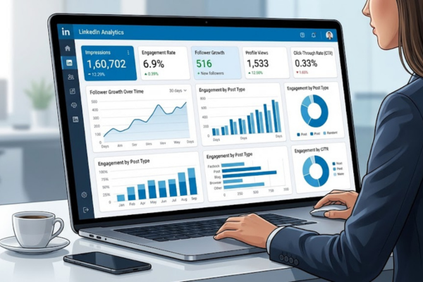 LinkedIn analytics dashboard showing impressions, engagement rate, profile views, and performance tracking metrics