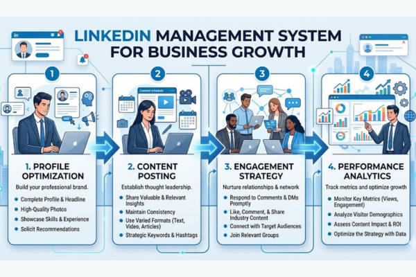 LinkedIn management strategy overview showing profile optimization, content posting, engagement, and analytics workflow