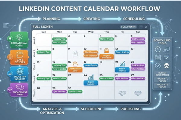 LinkedIn content calendar showing weekly posting schedule with content pillars and publishing plan