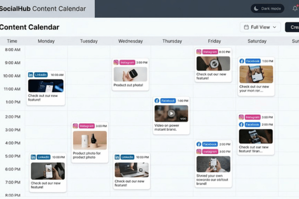 Social media content calendar showing scheduled posts across multiple platforms