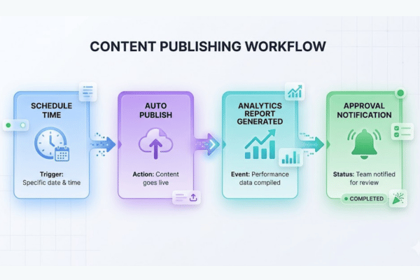 Automated social media workflow showing scheduling publishing and reporting triggers