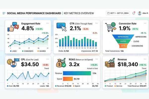 Key social media ROI metrics including engagement rate CTR conversion rate and ROAS