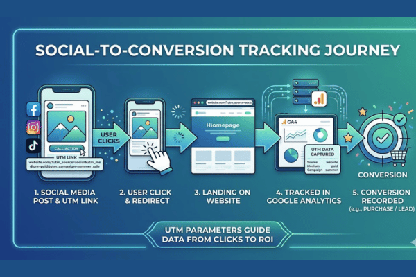 UTM tracking flow from social media post to website analytics conversion tracking