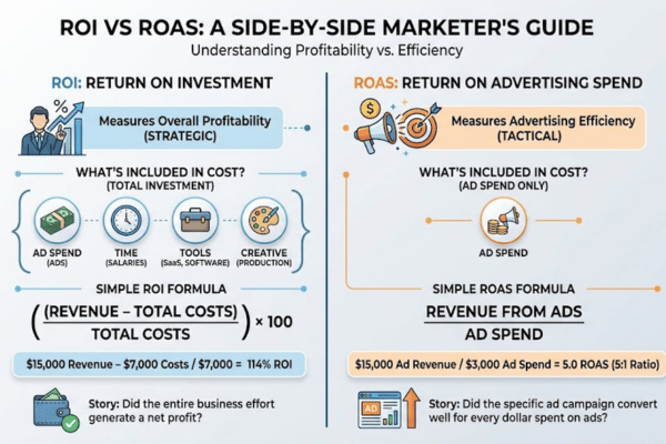 Difference between ROI and ROAS in social media marketing explained visually