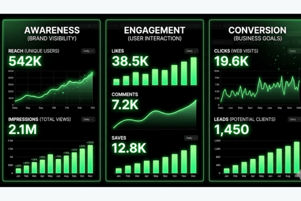 Social media KPIs dashboard showing awareness engagement and conversion metrics Social media KPIs dashboard showing awareness engagement and conversion metrics