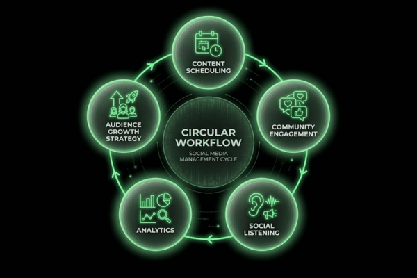 Social media management workflow showing content scheduling, engagement, analytics, and growth strategy Social media management workflow showing content scheduling, engagement, analytics, and growth strategy