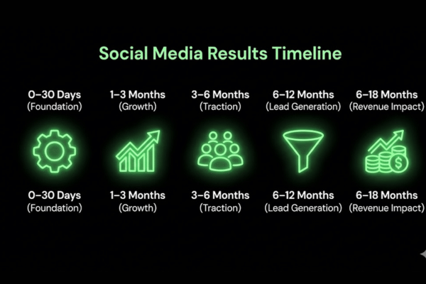 Social media management results timeline from 30 days to 18 months showing growth stages Social media management results timeline from 30 days to 18 months showing growth stages