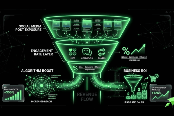 Diagram showing how engagement rate impacts social media algorithms, reach growth, and business revenue conversion